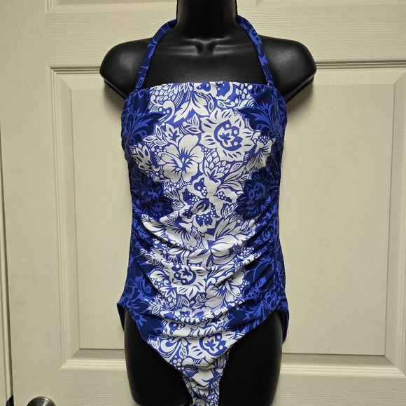 Ralph Lauren Blue Floral Underwire Tummy Control Bandeau Removeable One Piece 14 - Picture 8 of 16